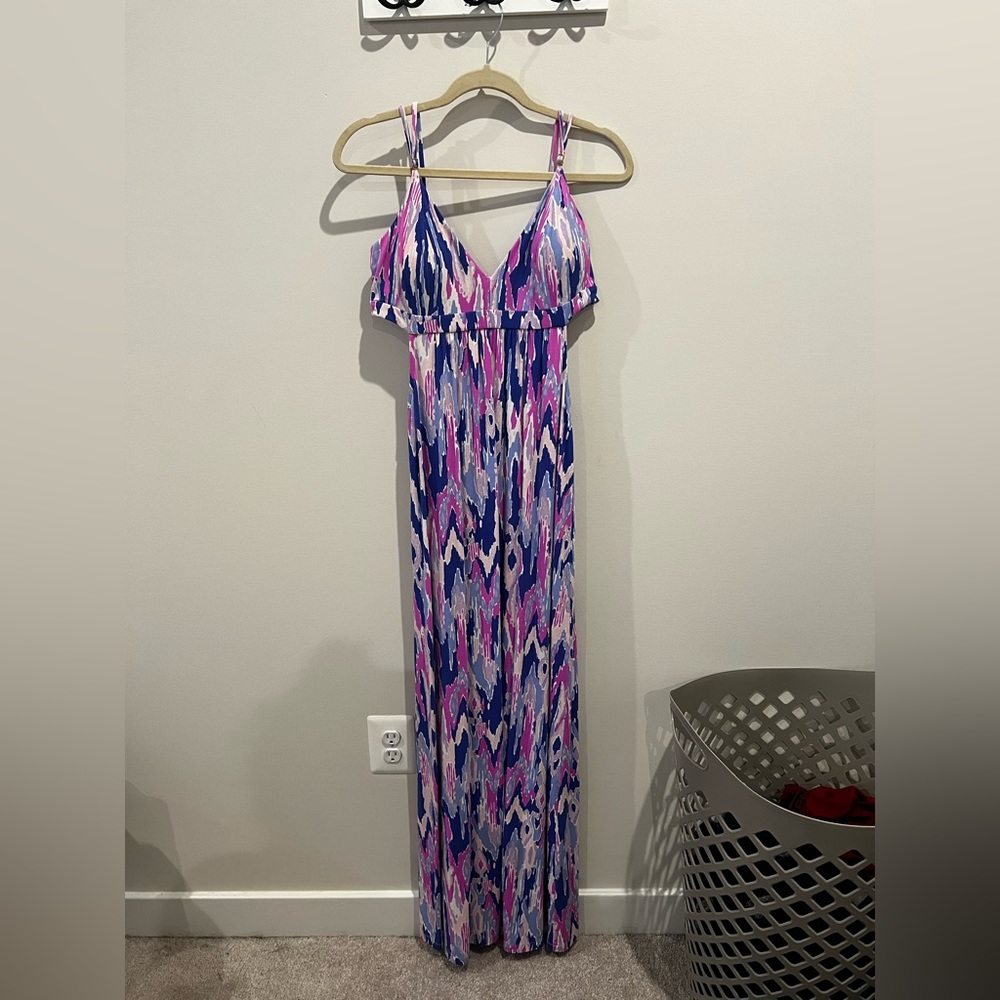 Lily Pulitzer purple patterned dress with cutouts!